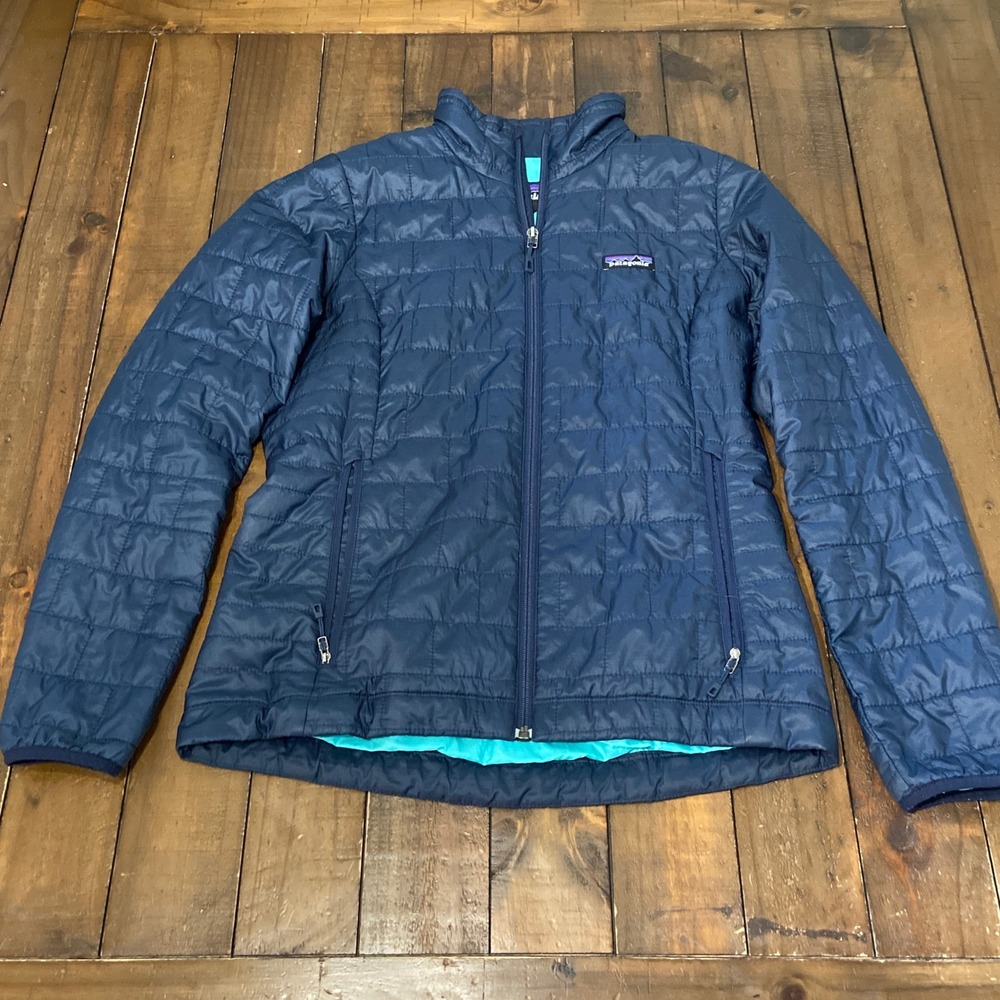 Patagonia Womens Nano Puff Jacket S Small Navy Blue Teal Full Zip 84217FA17